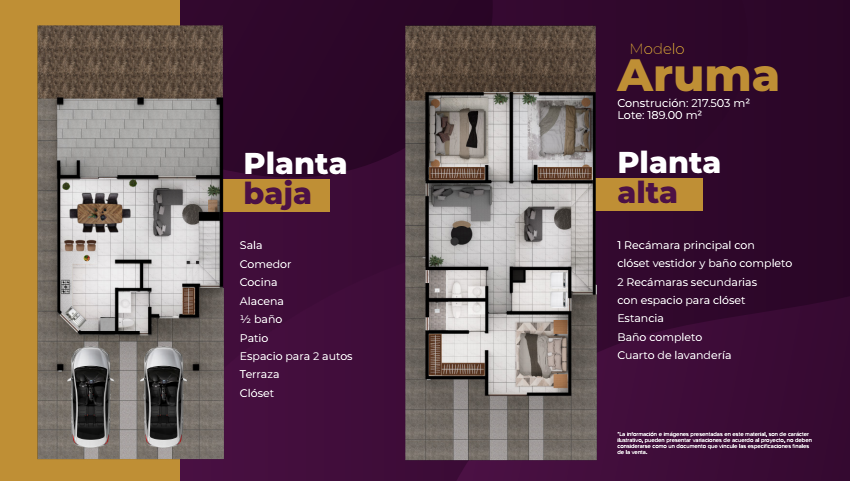 Plano de distribución del Modelo Aruma: planta baja y planta alta