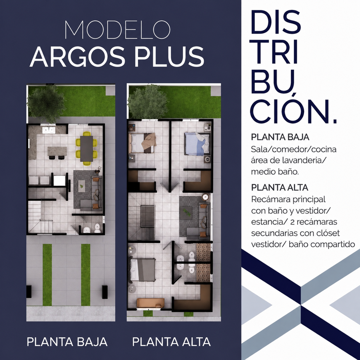Plano de distribución del Modelo Argos Plus: planta baja y planta alta