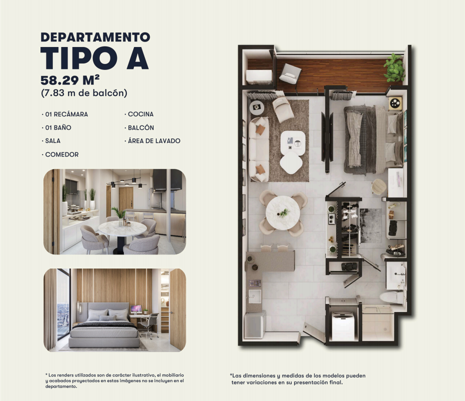 Render y plano del departamento Tipo A en Fonttera Towers