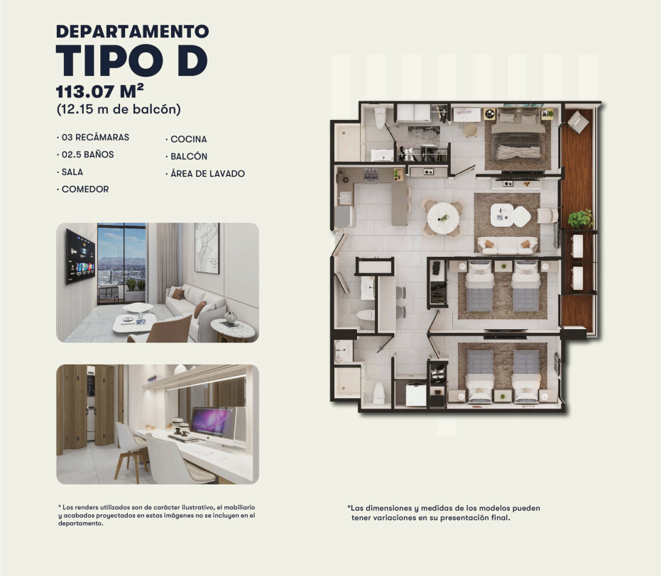 Render y plano del departamento Tipo D en Fonttera Towers