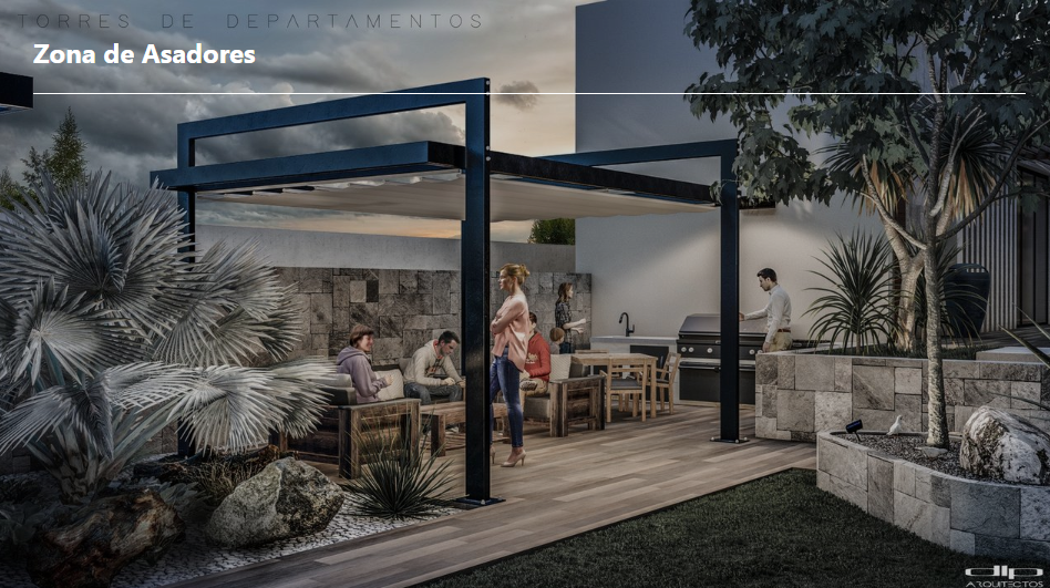 Zona de asadores con pérgola y áreas verdes en Encelia