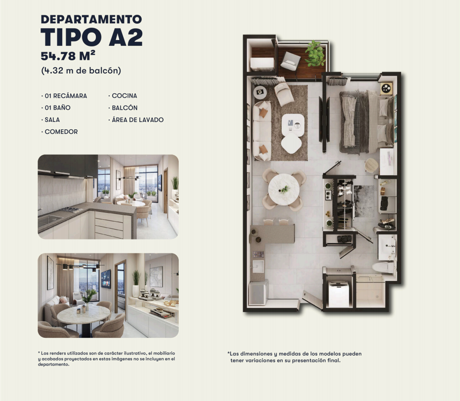 Render y plano del departamento Tipo A2 en Fonttera Towers