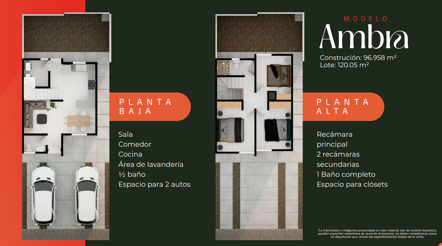 Modelo Ambra — planos de planta baja y planta alta