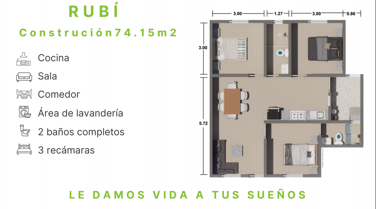 Plano arquitectónico del Departamento Rubí de 74.15 m² con 3 recámaras