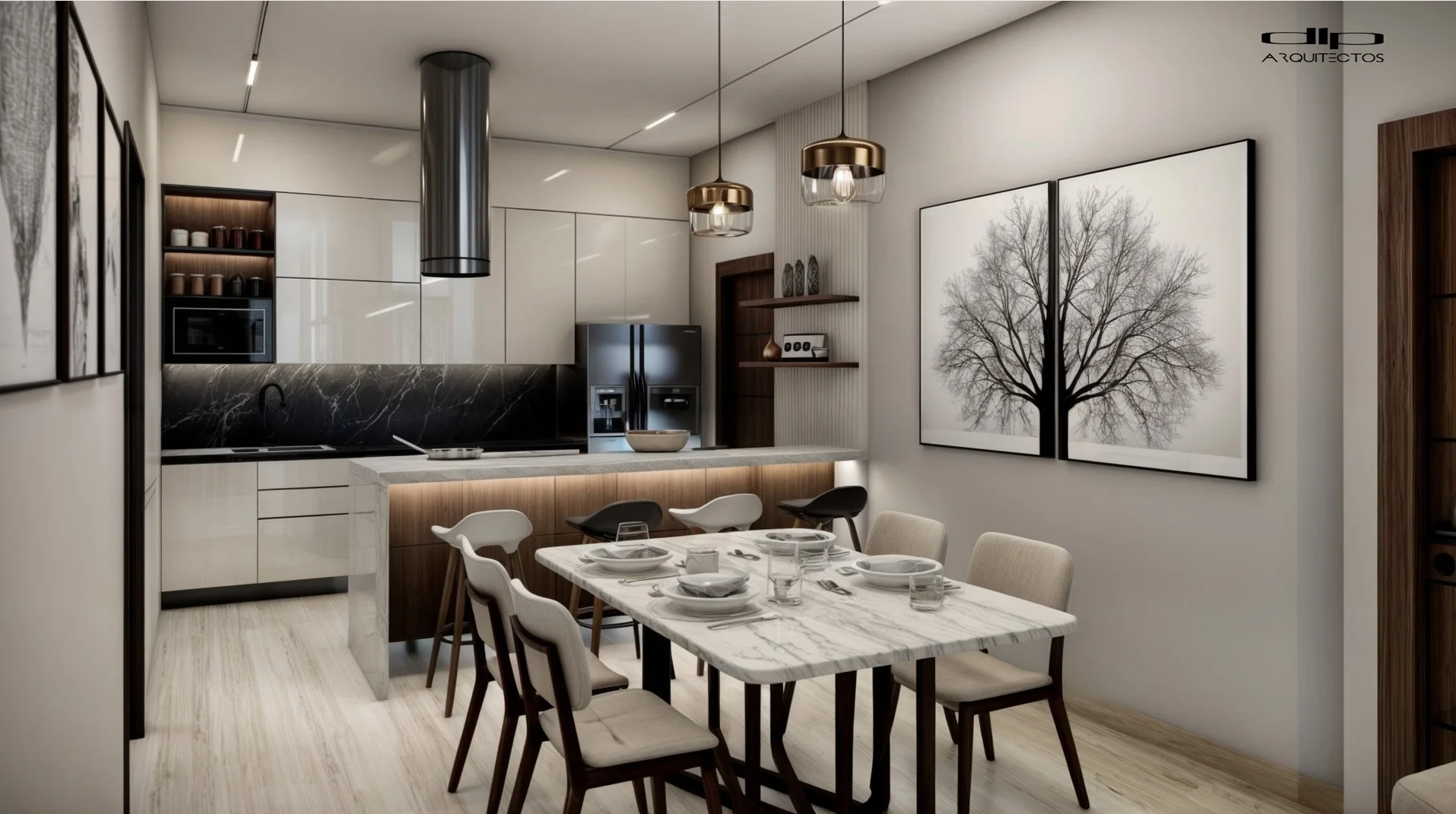 Comedor y cocina contemporánea en Encelia