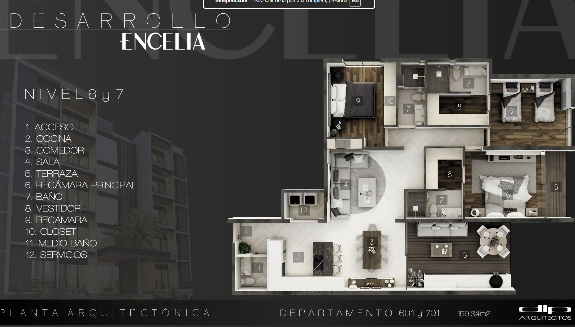 Planta arquitectónica del penthouse 601 y 701 en los niveles 6 y 7 de Encelia