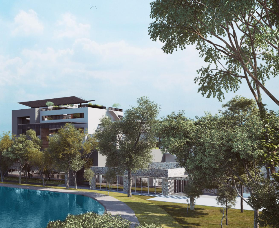 Arquitectura contemporánea de Altozano rodeada de áreas verdes y lago