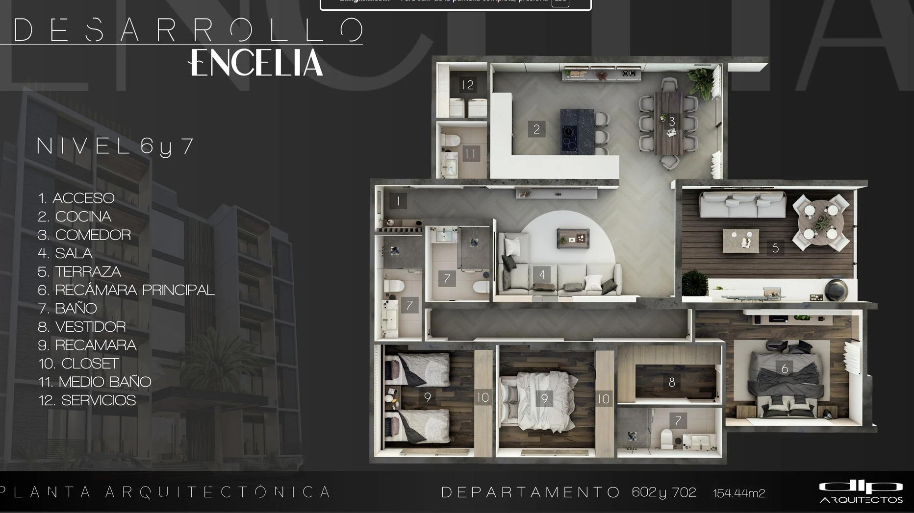 Planta arquitectónica del penthouse 602 y 702 en los niveles 6 y 7 de Encelia