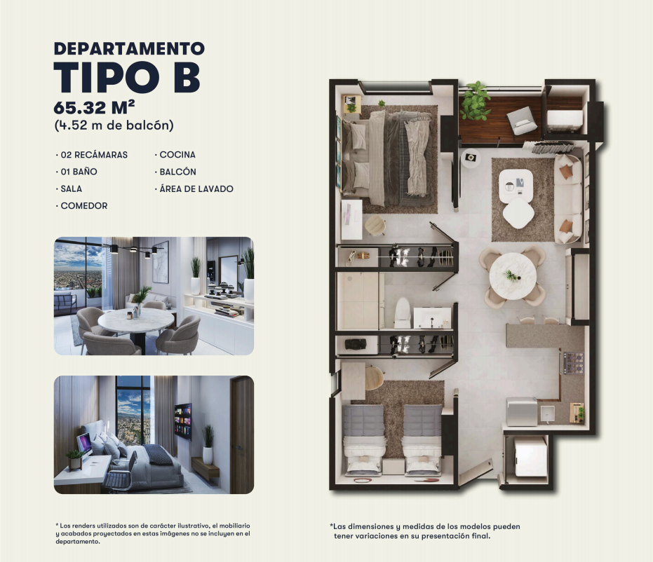 Render y plano del departamento Tipo B en Fonttera Towers