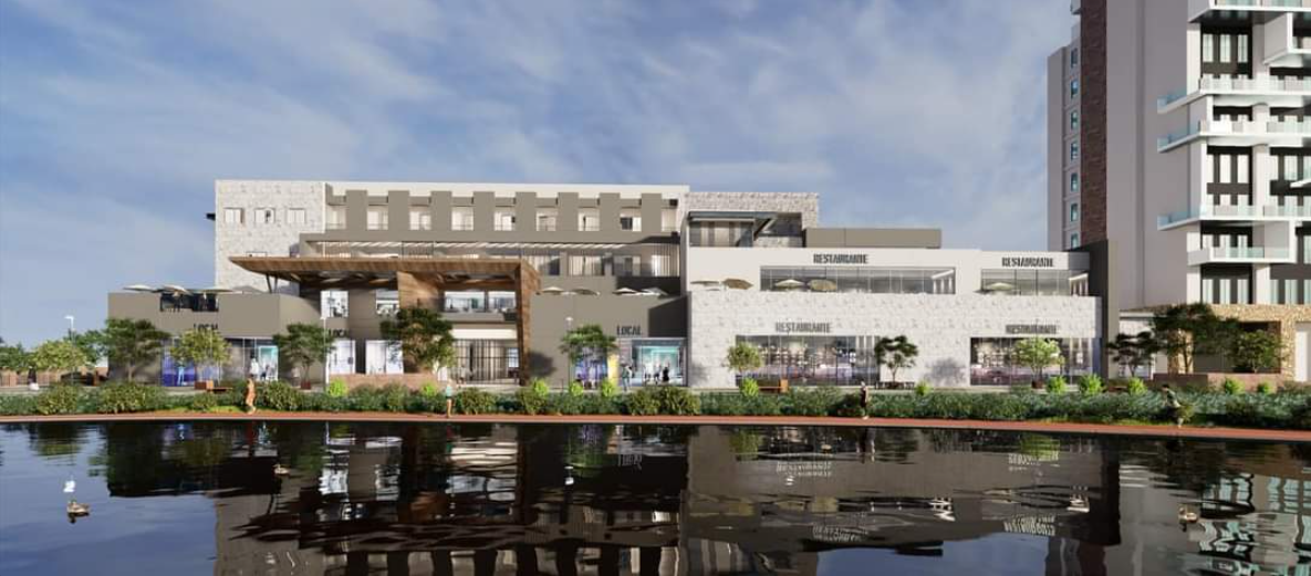 Área comercial y de entretenimiento de Altozano frente al lago