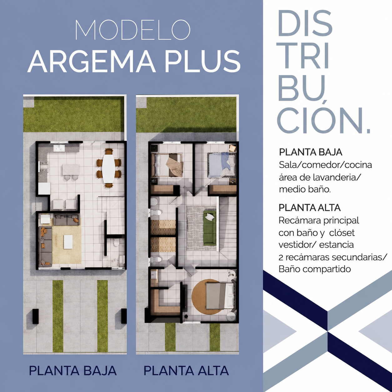 Plano de distribución del Modelo Argema Plus: planta baja y planta alta