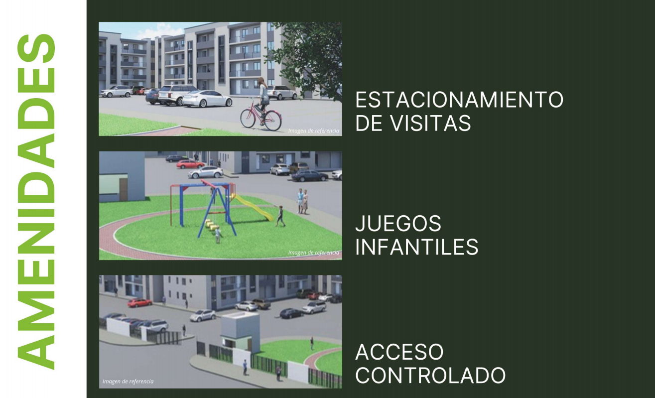 Amenidades de Verona Departamentos: estacionamiento de visitas, juegos infantiles y acceso controlado