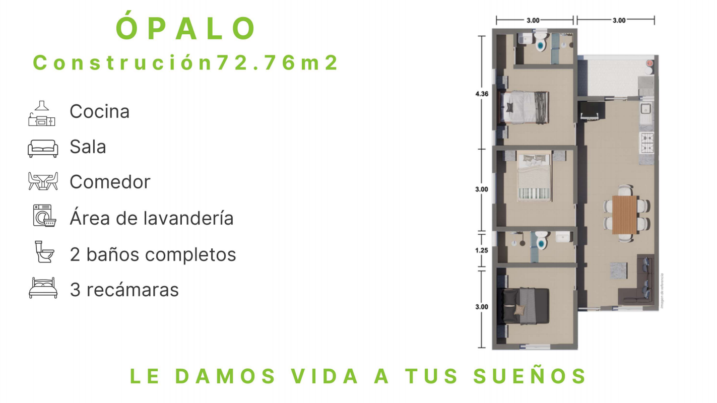 Plano arquitectónico del Departamento Ópalo de 72.76 m² con 3 recámaras